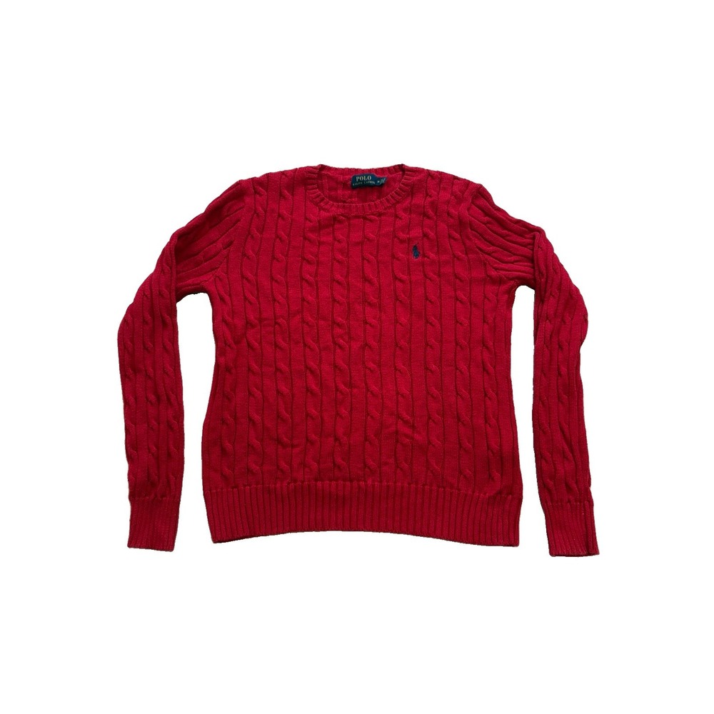 Polo Ralph Lauren Sweater Womens Medium Red Cable Knit Cotton Crewneck Pullover